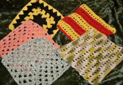 Customized crocheted and knit hot pads dish cloths in any colors and styles, these are 100% pure cotton dishclothes made by Windy Ridge Handcrafted, maker of pure and natural organic bath and body products.